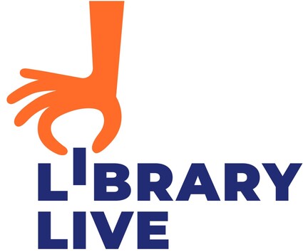 Library Live logo. Blue writing on a white background. Outline of a hand in red, coming in from top of image and pinching the letter i of library.