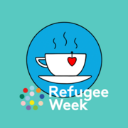 Refugee Week Logo. Blue circle on a green background. Drawing of a cup and saucer with a small red heart on the side.