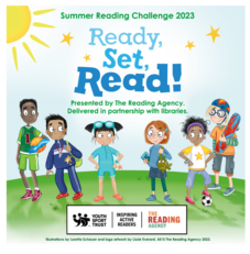 Summer Reading Challenge 2023 characters and logos. Ready, Set, Read!
