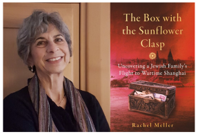 Picture of author Rachel Meller and cover of the book The Box with the Sunflower Clasp