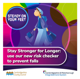 Stay Strong on your Feet Logo Text Reads, Steady on your feet. Stay stronger for longer, use our new risk checker to prevent falls