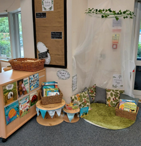 A classroom with a book shelf and books