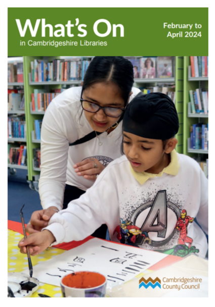 Cover of Cambridgeshire Libraries What's On displaying a woman doing Chinese calligraphy with a child.