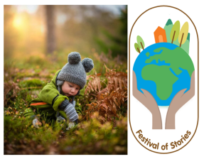 A child sitting in a meadow and Festival of Stories Logo