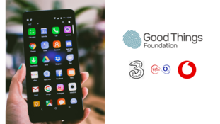 A mobile phone screen and logos for Good Things Foundation, Three, O2 and Vodafone