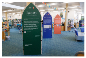 Fantasy Exhibition panels in a library