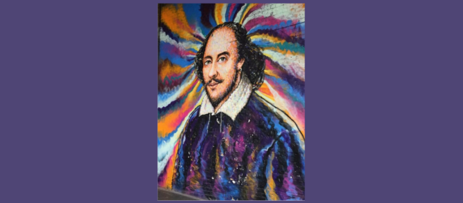 Mural portrait of William Shakespeare against colourful background.