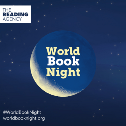 World Book Night Logo featuring a moon against a night sky and Reading Agency logo.