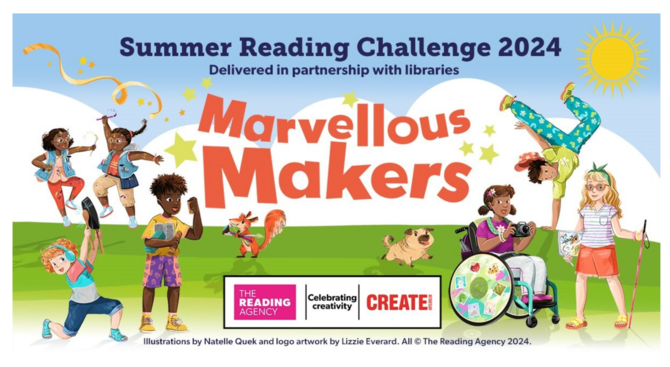 A diverse group of children playing. text reads Marvellous Makers. The Reading Agency, Celebrating Creativity and Create! logos