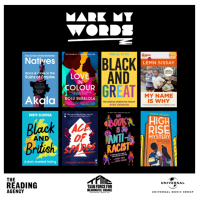 A variety of books against dark background. Text reads, mark my words. Logos by the Reading agency, TFMC and Universal