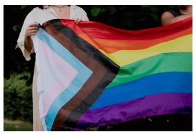 Closeup of a pride flag held by people