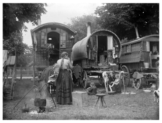 Historical black and white picture of Gypsy caravans in Midsummer Common by Laurie Haynes