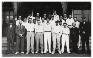 Black and white photo of Cambs Deaf Association Cricket Team posing