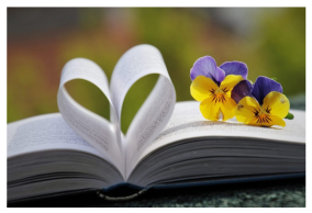 Open book with pages curled to form a heart. Flowers placed on one of the pages.