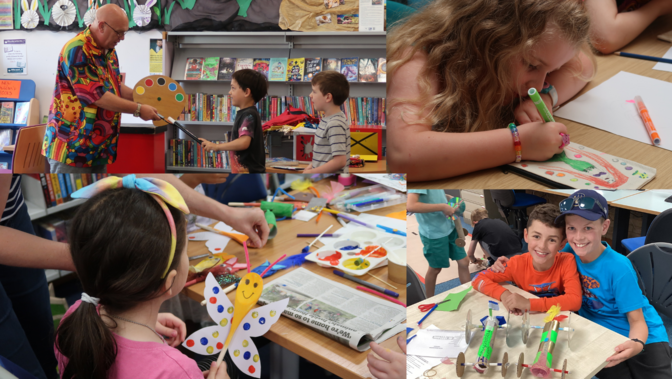 Picture collage of children doing creative activities.