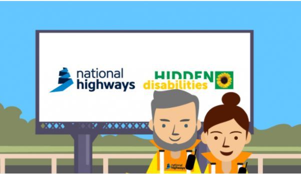Infographic of two national highways officers along with the National Highways Logo and Hidden Disabilities Logo