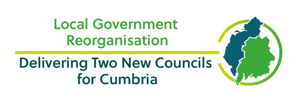 Map split in half by two colours, blue and green. Image reads 'Local Government Reorganisation, delivering two new councils for Cumbria'.