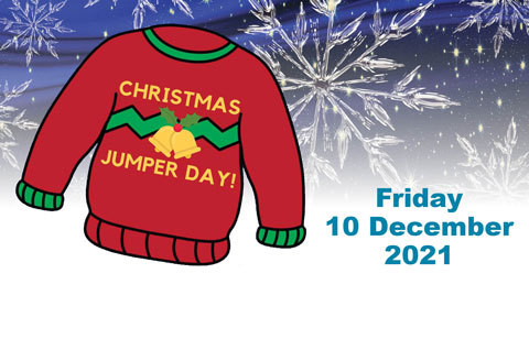 Image description: red Christmas jumper which reads Christmas Jumper Day! Friday 10 December 2021