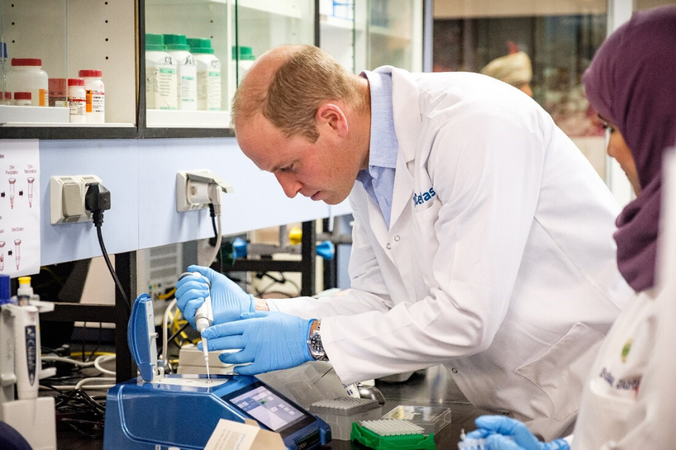 The Duke of Cambridge testing the DNA content of a sample during his tour of the molecular disease testing laboratory.