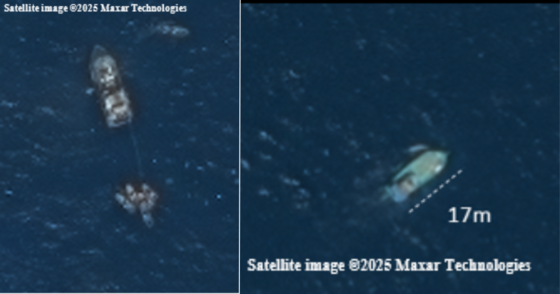 Two satellite images of boats conducting illicit activity ©2025 Maxar Technologies
