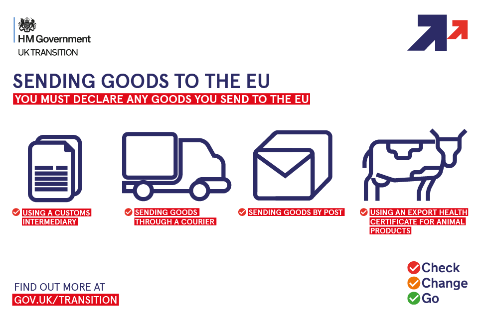 Sending goods to the EU - You must declare any goods you send to the EU. Find out more at gov.uk/transition