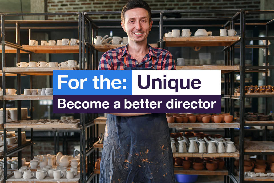 A man in a workplace. Text reads 'For the unique: Become a better director'. 