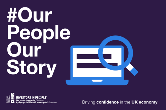 A graphic of a laptop and a magnifying glass #OurPeopleOurStory