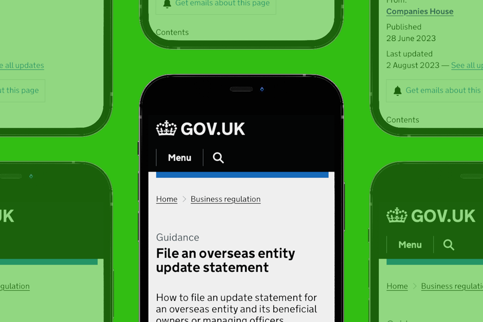 A mobile phone displaying the GOV.UK page: File an overseas entity update statement online