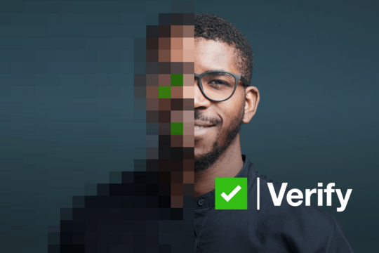 A person smiling with half of their face pixelated. Text: Verify