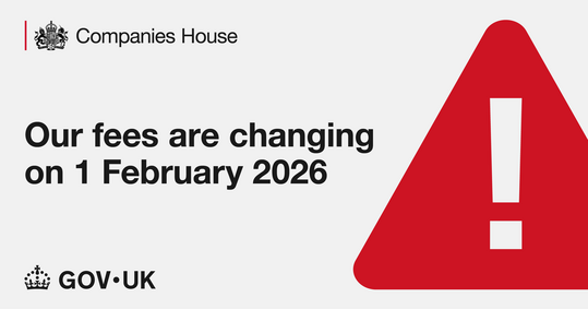 The text 'Our fees are changing on 1 February 2026' with a red warning triangle with an exclamation mark  