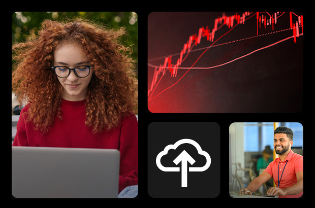 A collage of images. A woman types on a laptop, whilst a man smiles looking down at his laptop. 
