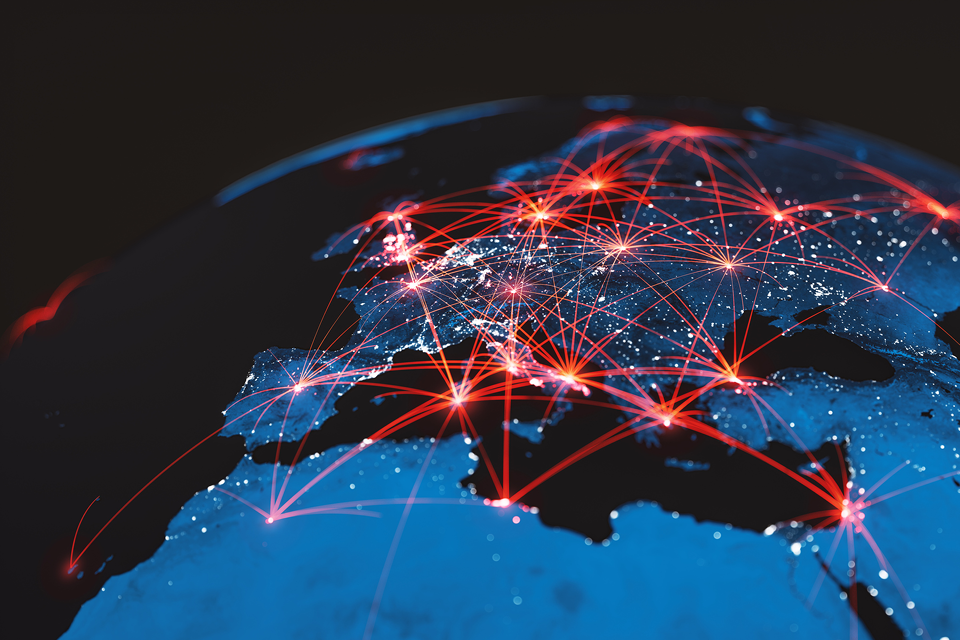 On a map of Europe, red glowing lines connect major cities 