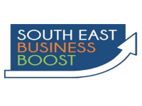 South East Business Boost logo in white, orange, & yellow on blue background with white arrow representing growth