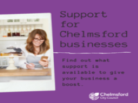 Support for Chelmsford businesses.  Business person running hospitality business.  Chelmsford City Council logo.
