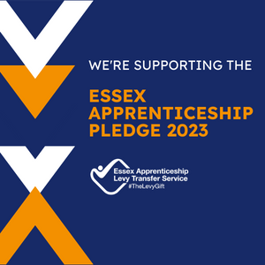 We're Supporting the Essex Apprenticeship Pledge 2023.  Artwork on navy background.
