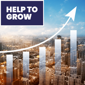 Help To Grow Logo- white on navy blue.  Photo of skyscrapers and white arrow representing business growth.
