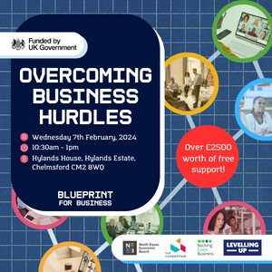 Overcoming Business Hurdles event flyer.  Navy background.  Pictures of business people.