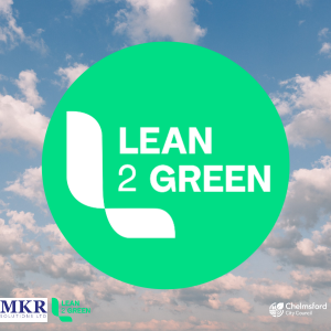 Lean2Green business support (1-2-1 training) artwork in green and white.  Lean2Green & MKR Solutions & Chelmsford City Council logos. 