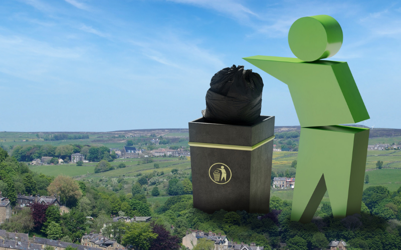 Official campaign artwork for the Great British Spring Clean: a giant bin and illustrated person towering over a meadow.