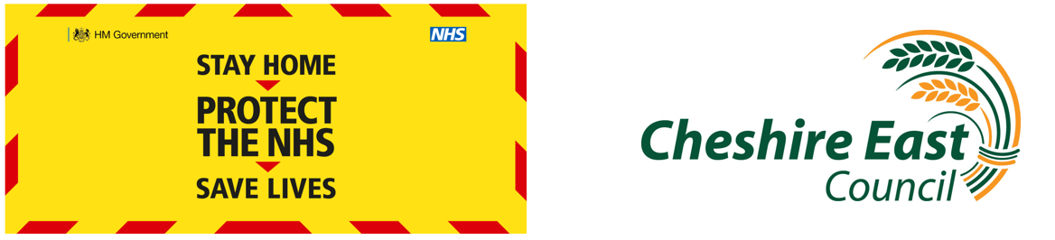 Government Stay at Home and Cheshire East council logo