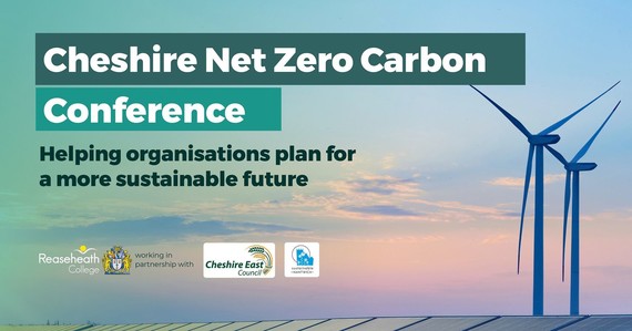 Wind farm and text to promote net zero carbon conference