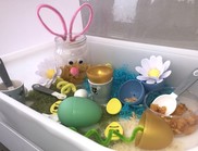 Tray filled with sensory Easter items