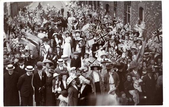 Crowd celebrating coronation day for George V in Adelaide Street, Crewe