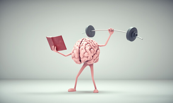 brain holding a book and a dumbell