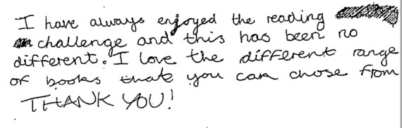 feedback from child who took part in summer reading challenge