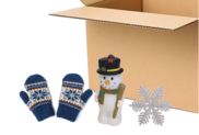 box with gloves, toy snowman and snowflake 