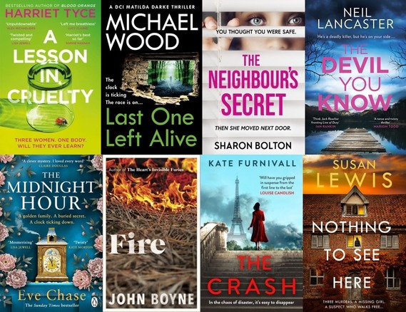 A montage of 8 book covers from the new books list