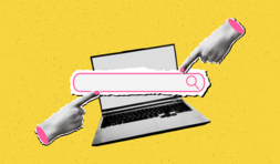 illustration of hands pointing at a website search bar in front of a laptop