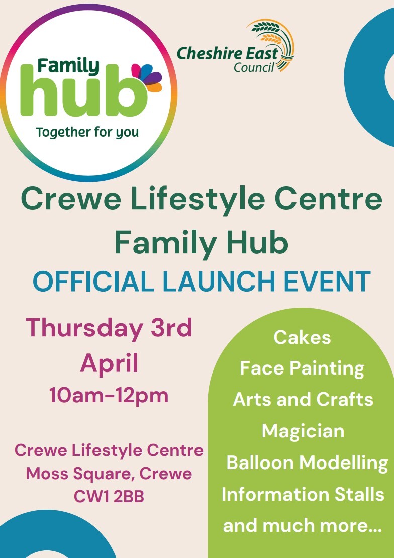 Crewe Lifestyle Centre Family Hub Launch Poster