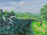 Watercolour picture of countryside scene with dry stone wall